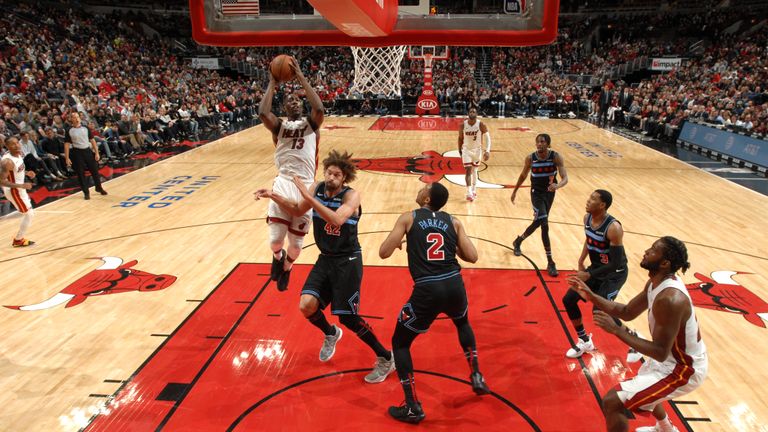 Bam Adebayo #13 of the Miami Heat shoots the ball against the Chicago Bulls on November 23, 2018 at the United Center in Chicago, Illinois.