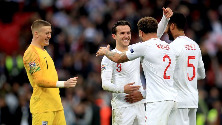 Ben Chilwell, Kyle Walker and Joe Gomez celebrate England's 2-1 win over Croatia at Wembley Stadium