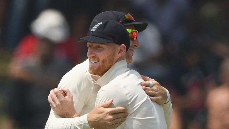 England&#39;s Ben Stokes is congratulated by Jos Buttler after running out Dimuth Karunaratne 