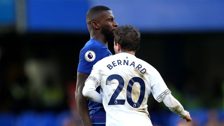 Everton's Bernard and Antonio Rudiger of Chelsea clash at Stamford Bridge