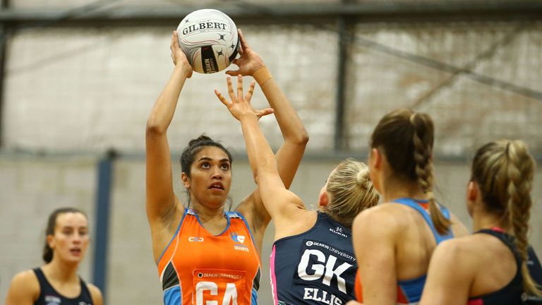 Beryl Friday of the Giants shoots for goal during the Australian Netball League semi final between Victoria Fury and Canberra Giants at the ACT Netball Centre on June 30, 2018 in Canberra, Australia.