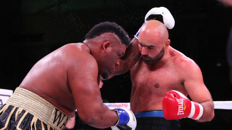 Jarrell Miller and Bogdan Dinu during their heavyweight bout  on November 17, 2018 at the Kansas Star Casino.  