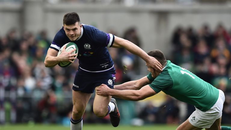 DUBLIN, IRELAND - MARCH 10: Jacob Stockdale of Ireland and Blair Kinghorn of Scotland during the Ireland v Scotland Six Nations rugby championship game at Aviva Stadium on March 10, 2018 in Dublin, Ireland. (Photo by Charles McQuillan/Getty Images)