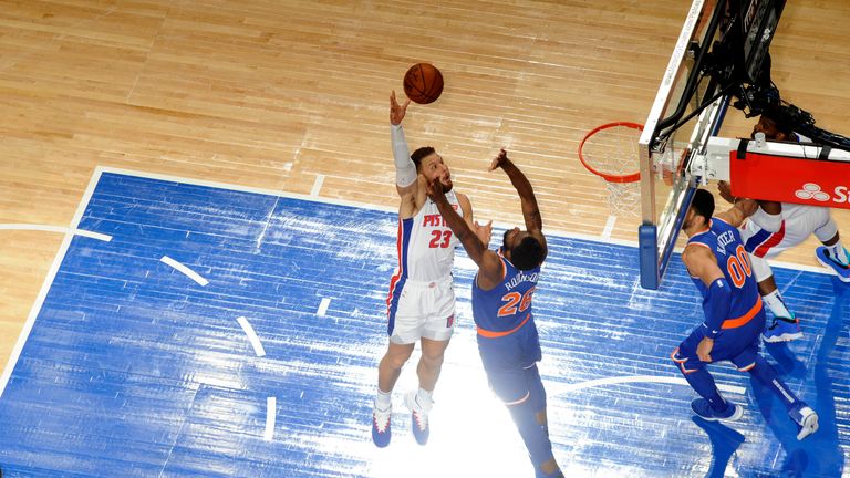 Blake Griffin #23 of the Detroit Pistons shoots the ball against the New York Knicks on November 27, 2018 at Little Caesars Arena in Detroit, Michigan.