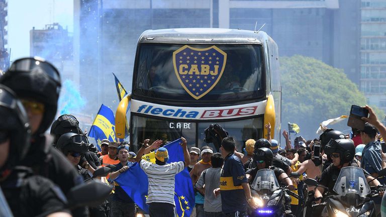 Boca Juniors bus on its way to River Plate&#39;s stadium