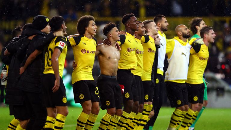 Borussia Dortmund celebrate their historic Bundesliga win over Bayern Munich at the Westfalenstadion.