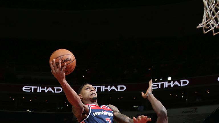Bradley Beal #3 of the Washington Wizards shoots the ball against the Houston Rockets on November 26, 2018 at Capital One Arena in Washington, DC. 