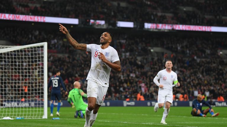 Callum Wilson celebrates after scoring England's third goal