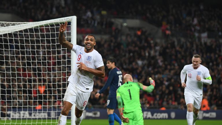 Callum Wilson celebrates after scoring his debut goal in a 3-0 win over USA