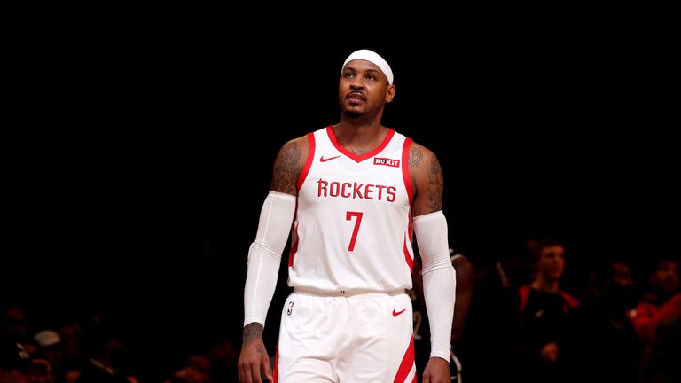 NEW YORK, NY - NOVEMBER 2: Carmelo Anthony #7 of the Houston Rockets looks on against the Brooklyn Nets on November 2, 2018 at Madison Square Garden in New York City, New York.  NOTE TO USER: User expressly acknowledges and agrees that, by downloading and or using this photograph, User is consenting to the terms and conditions of the Getty Images License Agreement. Mandatory Copyright Notice: Copyright 2018 NBAE  (Photo by Nathaniel S. Butler/NBAE via Getty Images)