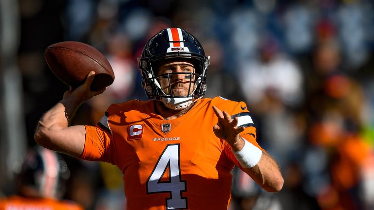 Quarterback Case Keenum #4 of the Denver Broncos throws as he warms up before a game against the Pittsburgh Steelers at Broncos Stadium at Mile High on November 25, 2018 in Denver, Colorado