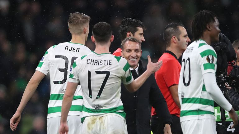 Celtic manager Brendan Rodgers is seen during the UEFA Europa League Group B match between Celtic and RB Leipzig at Celtic Park on November 8, 2018 in Glasgow, United Kingdom.