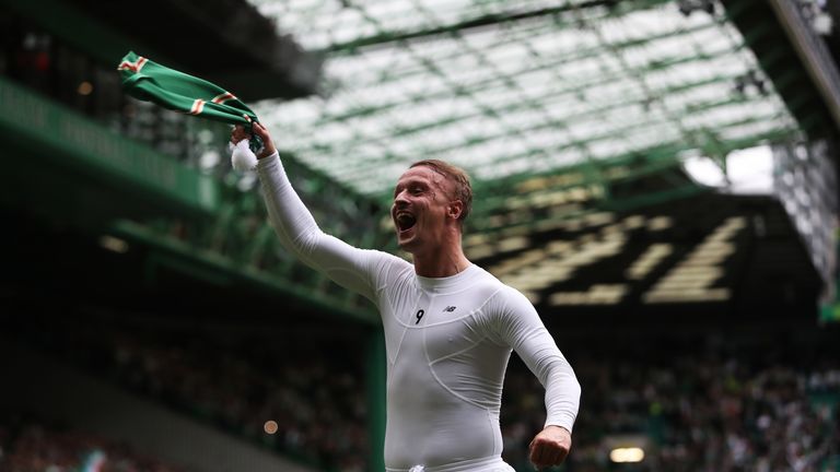 Leigh Griffiths celebrates at full time after Celtic's win over Rangers