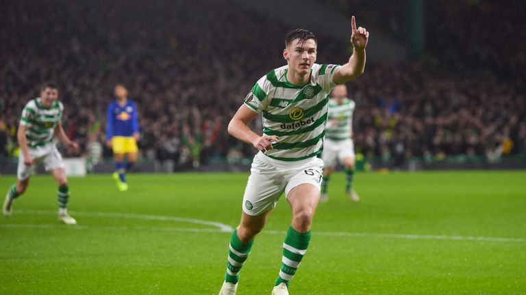 Celtic&#39;s Kieran Tierney celebrates his opener