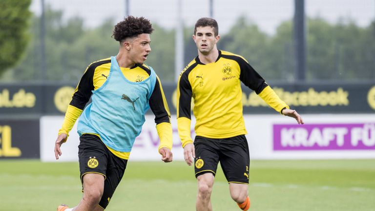 Jadon Sancho (left) and Christian Pulisic in Borussia Dortmund training