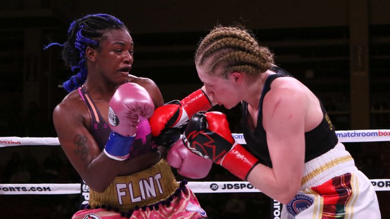  IBF/WBA female middleweight champion Claressa Shields and Hannah Rankin during their bout  on November 17, 2018 at the Kansas Star Casino. 