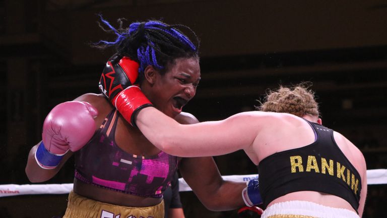 BF/WBA female middleweight champion Claressa Shields and Hannah Rankin during their bout  on November 17, 2018 at the Kansas Star Casino. 