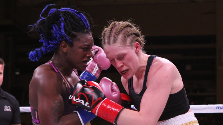 IBF/WBA female middleweight champion Claressa Shields and Hannah Rankin during their bout  on November 17, 2018 at the Kansas Star Casino.  