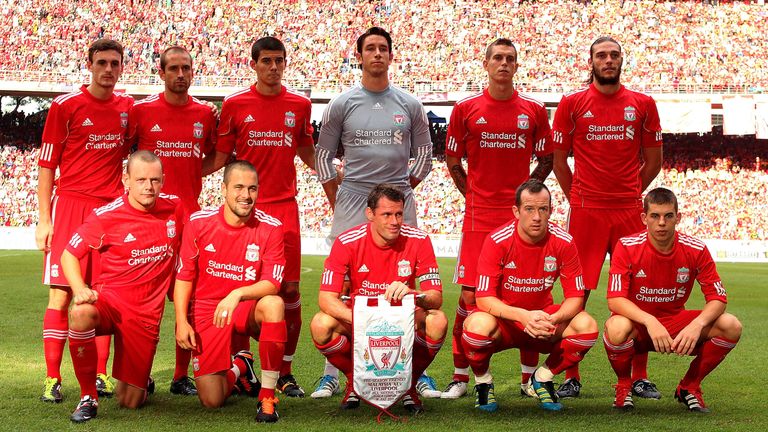 LIVERPOOL IN KUALA LUMPUR, MALAYSIA - JULY 16 2011: (L-R back row) Jack Robinson, Raul Meireles, Conor Coady, Brad Jones, Daniel Agger and Andy Carroll, (L-R front row) Jay Spearing, Joe Cole, Jamie Carragher, Charlie Adam and John Flanagan of Liverpool line up for a team photograph before the pre-season friendly match between Malaysia and Liverpool at the Bukit Jalil National Stadium on July 16, 2011 in Kuala Lumpur, Malaysia. (Photo by Stanley Chou/Getty Images)