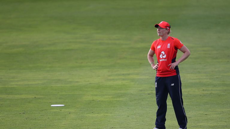 TAUNTON, ENGLAND - JUNE 23: Heather Knight of England stands in the field during the International T20 Tri-Series match between England Women and New Zealand Women at The Cooper Associates County Ground on June 23, 2018 in Taunton, England. (Photo by Julian Herbert/Getty Images)