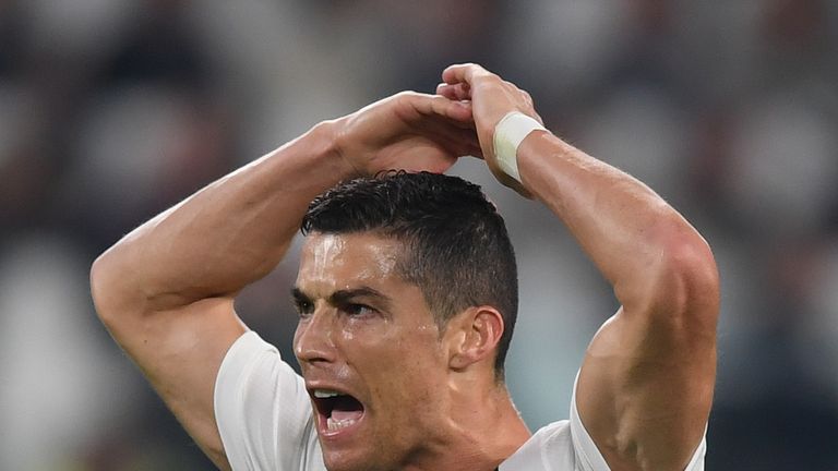 Cristiano Ronaldo reacts during Juventus' defeat to Manchester United