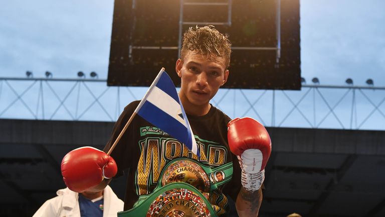 BELFAST, NORTHERN IRELAND - AUGUST 18: Cristofer Rosales celebrates after defeating Paddy Barnes for the WBC flyweight world title at Windsor Park on August 18, 2018 in Belfast, Northern Ireland. (Photo by Charles McQuillan/Getty Images)