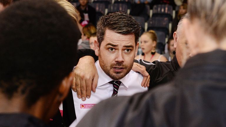 Dan Ryan coach of the Thunderbirds chats his team in the huddle after the game during the round 14 Super Netball match between the Thunderbirds and the Swifts at Priceline Stadium on August 3, 2018 in Adelaide, Australia.