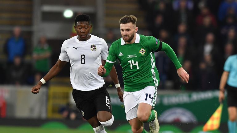 Stuart Dallas of Northern Ireland and David Alaba of Austria during the UEFA Nations League B group three match between Northern Ireland and Austria