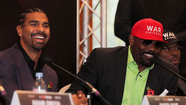 David Haye and Dereck Chisora shake hands during a press conference at the Canary Riverside Plaza Hotel on November 01, 2018