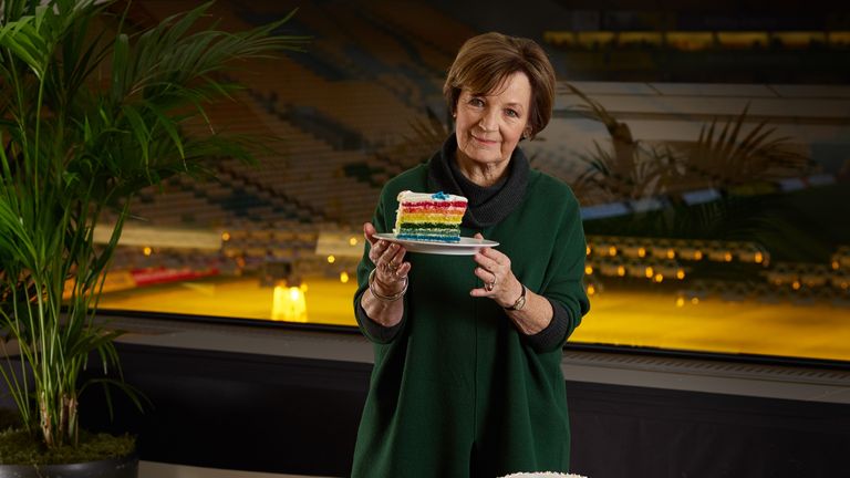 NORWICH - NOVEMBER 21, 2018: Iconic TV cook and Norwich City FC joint-majority shareholder Delia Smith has teamed up with the Club...s Community Partner Aviva to bake a limited-edition ...Rainbow Laces Cake..., released in support of LGBT+ inclusivity within football. (Photo by Chris Ridley/Aviva)