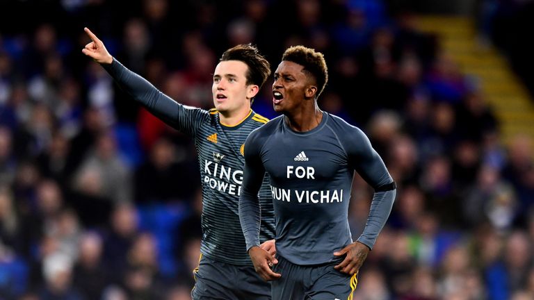 Demarai Gray Vichai goal celebration for Leicester away to Cardiff