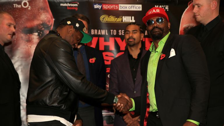 Dillian Whyte and Dereck Chisora shake hands during the Dillian Whyte Press Conference at the Canary Riverside Plaza Hotel on November 01, 2018 in London, England. 