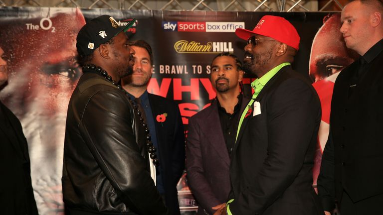 Dillian Whyte and Dereck Chisora face off during the Dillian Whyte Press Conference at the Canary Riverside Plaza Hotel on November 01, 2018 in London, England. 