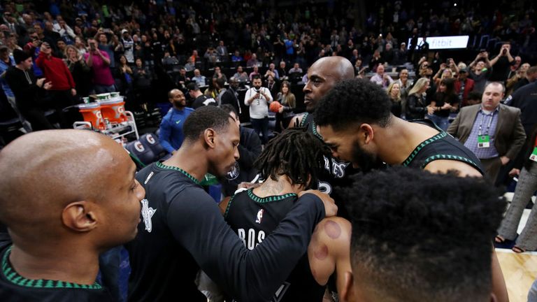 The Minnesota Timberwolves celebrate during the game against the Utah Jazz on October 31, 2018 at Target Center in Minneapolis, Minnesota