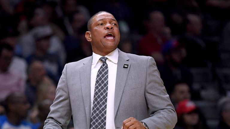 LA Clippers head coach Doc Rivers calls for a foul during the first half against the Minnesota Timberwolves