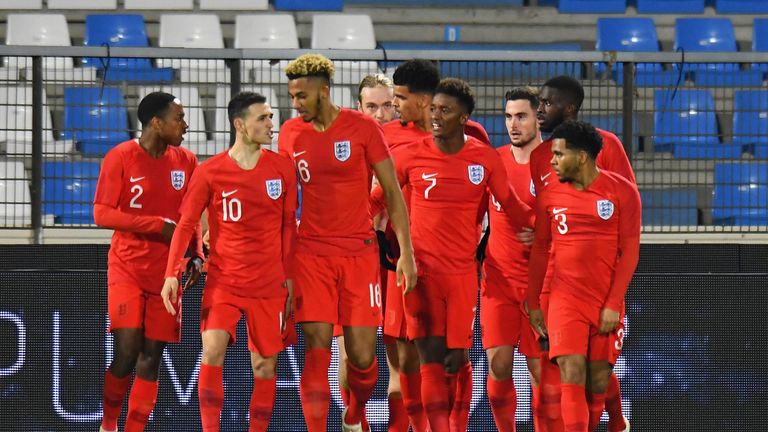 Dominic Solanke celebrates scoring for England U21