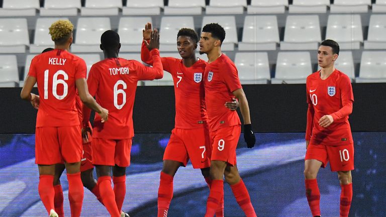 Dominic Solanke celebrates scoring his second goal for England U21 against Italy U21