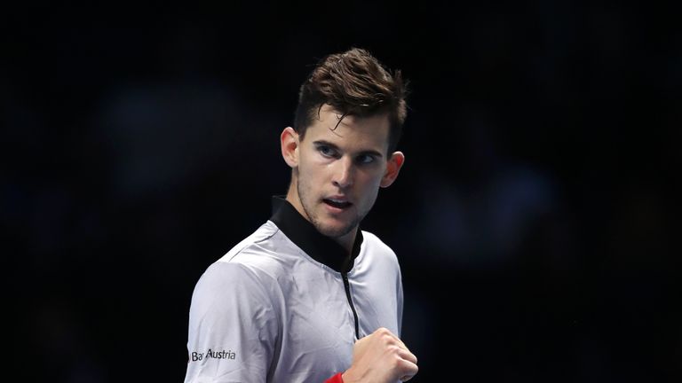 Dominic Thiem of Austria celebrates during his round robin match against Kei Nishikori of Japan during Day Five of the Nitto ATP Finals at The O2 Arena on November 15, 2018 in London, England. 