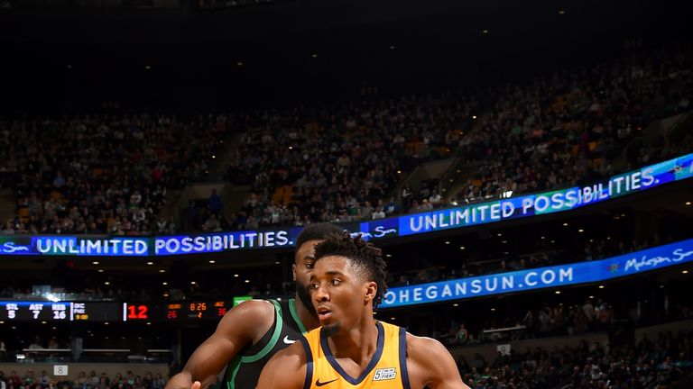 BOSTON, MA - NOVEMBER 17: Donovan Mitchell #45 of the Utah Jazz handles the ball against the Boston Celtics on November 17, 2018 at the TD Garden in Boston, Massachusetts. NOTE TO USER: User expressly acknowledges and agrees that, by downloading and/or using this photograph, user is consenting to the terms and conditions of the Getty Images License Agreement. Mandatory Copyright Notice: Copyright 2018 NBAE (Photo by Steve Babineau/NBAE via Getty Images)