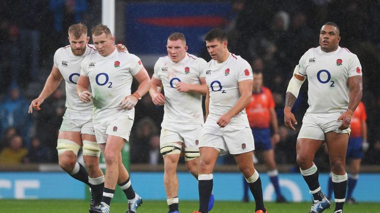 Dylan Hartley of England celebrates scoring his side's second try with team-mates during the Quilter International match between England and New Zealand at Twickenham Stadium on November 10, 2018 in London, United Kingdom.