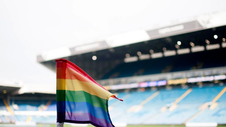 General view of the Rainbow corner flags at Elland Road in support of the 'Stonewall Rainbow' campaign prior to the Sky Bet Championship match between Leeds United and Bristol City at Elland Road on November 24, 2018 in Leeds, Englan