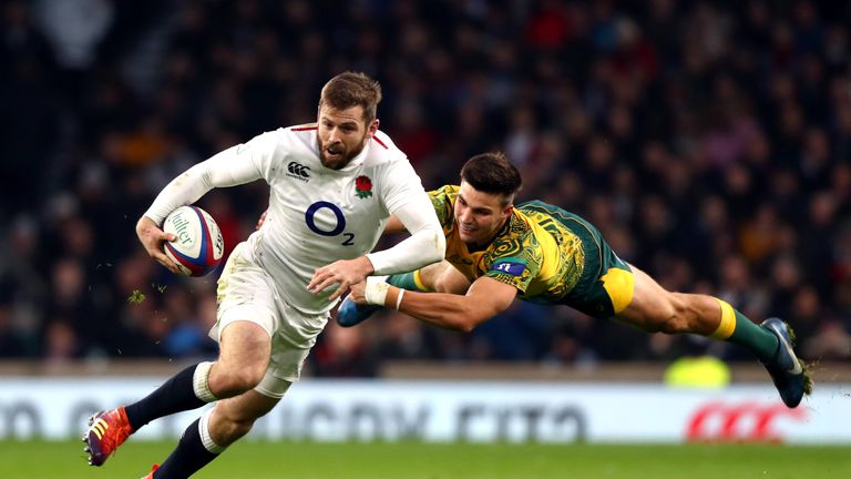 Elliot Daly evades a tackle by Jack Maddocks