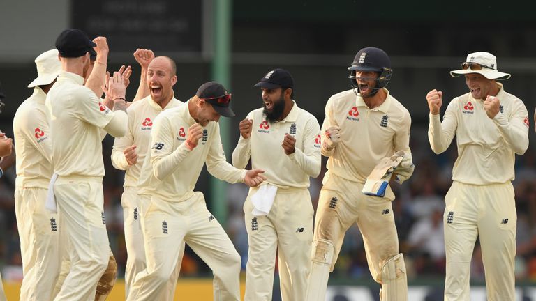 England celebrate Jack Leach's wicket during Day Three of the Third Test match between Sri Lanka and England at Sinhalese Sports Club on November 25, 2018 in Colombo, Sri Lanka.