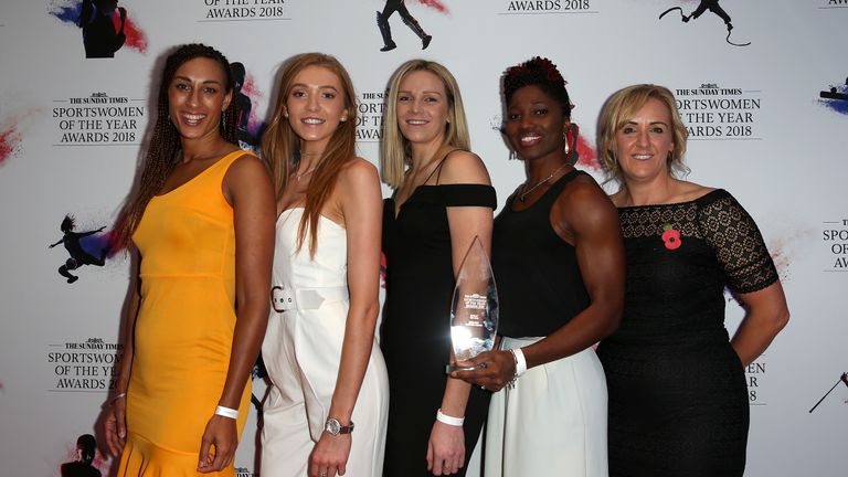 Team Of The Year (Left to right)  England netball squad Geva Mentor, Helen Housby, Joanne Harten, Ama Agbeze and coach Tracey Neville 