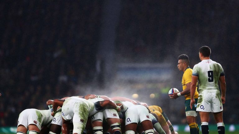 England and Australia players scrum during the Old Mutual Wealth Series match between England and Australia at Twickenham Stadium