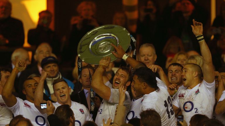 Captain Chris Robshaw of England lifts the Sir Edmund Hillary Shield  after beating New Zealand  at Twickenham in 2012.