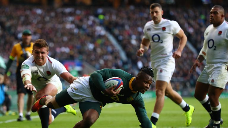 Sibusiso Nkosi scores the first try for South Africa