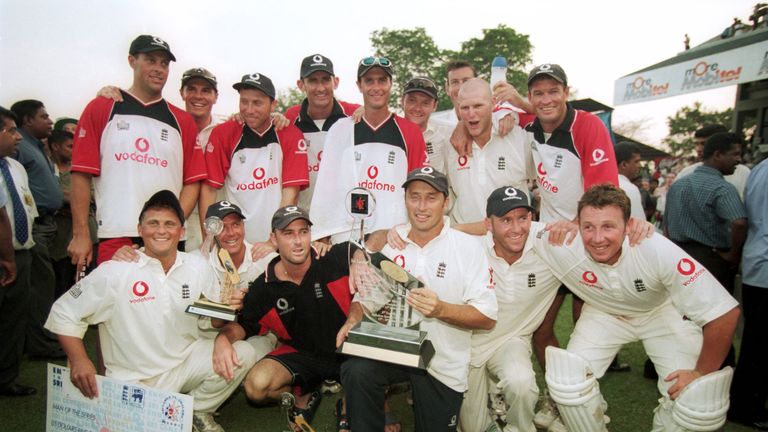 17 Mar 2001: Nasser Hussain and the England team celebrate victory after the Third Test match against Sri Lanka played at the Sinhalese Sports Club Ground in Colombo, Sri Lanka. England won the game by 4 wickets to clinch the three test series 2-1