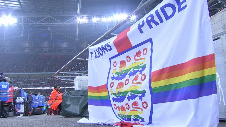 Three Lions Pride England flag, Rainbow Laces, England vs USA, LGBT supporters group