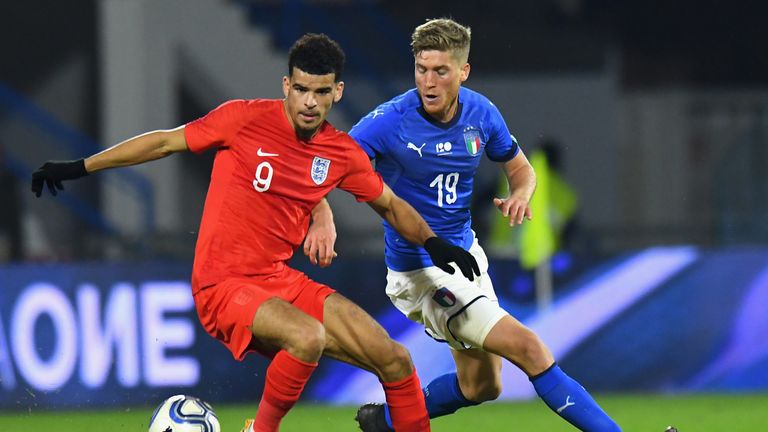 Dominic Solanke of England u21 competes for the ball with Filippo Romagna of Italy U21 during the International friendly match between Italy U21 and England U21 on November 15, 2018 in Ferrara, Italy. 